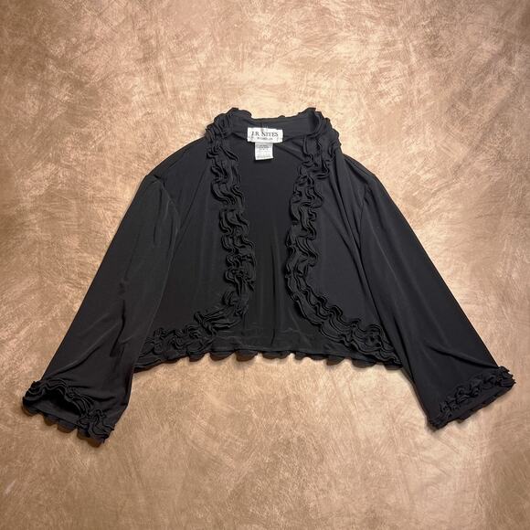Vintage 90s JR Nites by Carol Lin Black Ruffled Bolero Shrug 3/4 Sleeve Open - Picture 1 of 6